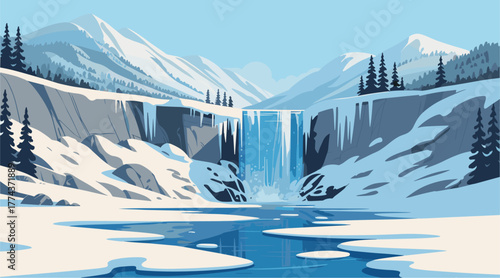 Minimalist flat vector illustration of a frozen waterfall in a serene winter landscape, featuring icy blues, whites, and gray rocks with clean lines and a calm, modern aesthetic