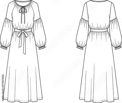 Technical flat sketch of long sleeve maxi dress front and back view, fashion design template, boho style garment vector outline for apparel illustration