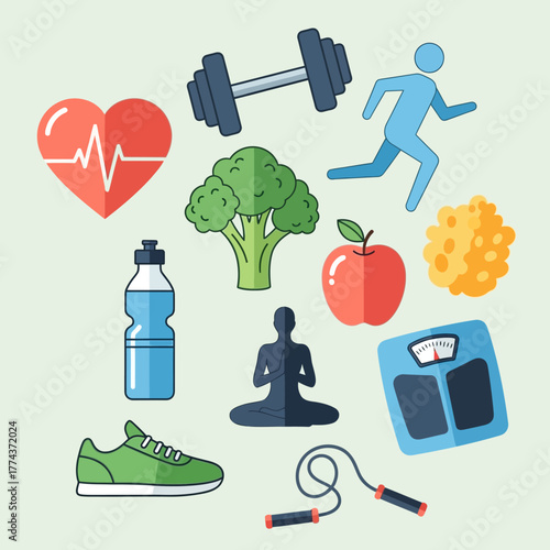 Collection of healthy lifestyle icons, including fitness, diet, and exercise elements.