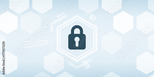 Cyber security and data protection concept with padlock icon on secure hexagonal technology background