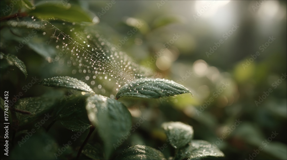 Fototapeta premium Close-up of a spider web covered in dew drops. the web is in the center of the image and is surrounded by green leaves. the leaves are covered in small droplets of water, glistening in the light.