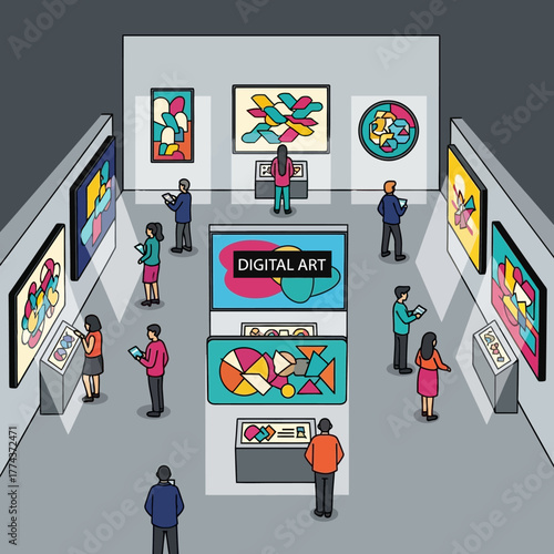 An illustration of a digital art gallery with people viewing artwork on screens and walls.