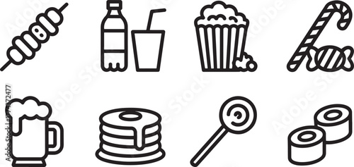 Assortment of eight sweet and savory food and drink icons in black outline Keywords: skewer, kebab
