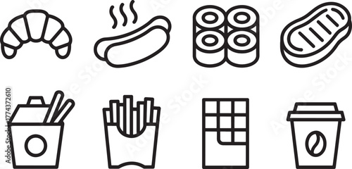 Assortment of popular food and drink icons in line art style