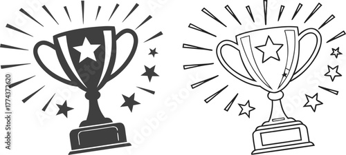 Two trophy designs, set against a stark white background, are displayed. The first, on the left, presents a solid black trophy, radiating outward lines suggesting movement and stars. The trophy is a c