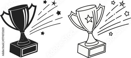Two trophy designs, set against a stark white background, are displayed. The first, on the left, presents a solid black trophy, radiating outward lines suggesting movement and stars. The trophy is a c