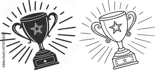 Two trophy designs, set against a stark white background, are displayed. The first, on the left, presents a solid black trophy, radiating outward lines suggesting movement and stars. The trophy is a c