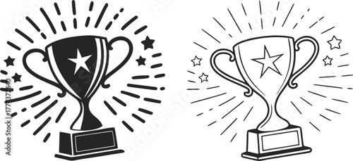 Two trophy designs, set against a stark white background, are displayed. The first, on the left, presents a solid black trophy, radiating outward lines suggesting movement and stars. The trophy is a c