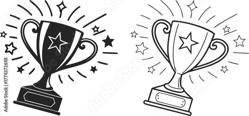 Two trophy designs, set against a stark white background, are displayed. The first, on the left, presents a solid black trophy, radiating outward lines suggesting movement and stars. The trophy is a c