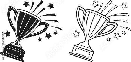 Two trophy designs, set against a stark white background, are displayed. The first, on the left, presents a solid black trophy, radiating outward lines suggesting movement and stars. The trophy is a c