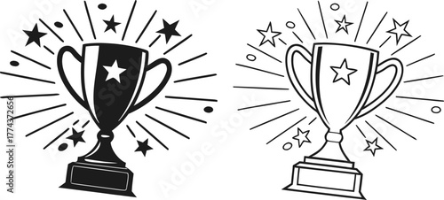 Two trophy designs, set against a stark white background, are displayed. The first, on the left, presents a solid black trophy, radiating outward lines suggesting movement and stars. The trophy is a c