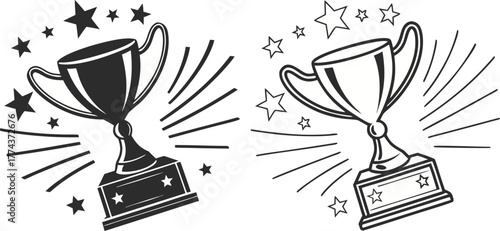 Two trophy designs, set against a stark white background, are displayed. The first, on the left, presents a solid black trophy, radiating outward lines suggesting movement and stars. The trophy is a c