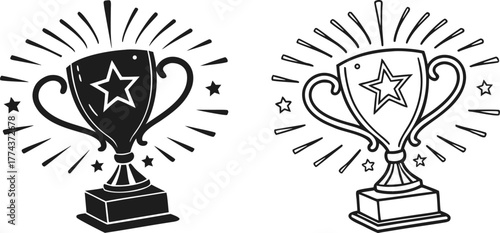 Two trophy designs, set against a stark white background, are displayed. The first, on the left, presents a solid black trophy, radiating outward lines suggesting movement and stars. The trophy is a c
