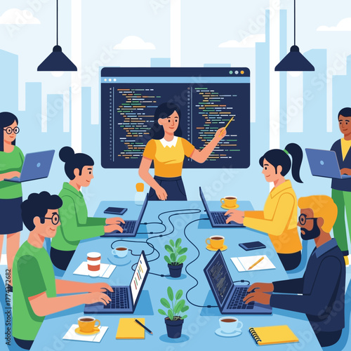 A female instructor teaches a diverse group of students in a coding class or software development workshop in a modern office.