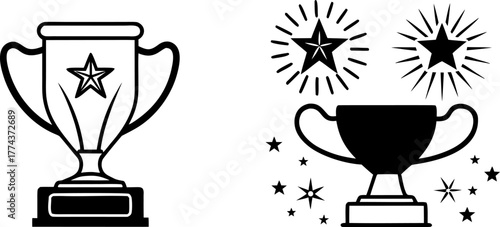 Two trophy designs, set against a stark white background, are displayed. The first, on the left, presents a solid black trophy, radiating outward lines suggesting movement and stars. The trophy is a c