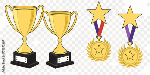 Two trophy designs, set against a stark white background, are displayed. The first, on the left, presents a solid black trophy, radiating outward lines suggesting movement and stars. The trophy is a c