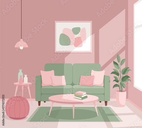 A cheerful playroom filled with toys, a play kitchen, and a cozy pouf, bathed in natural light from a large window, creating a fun and inviting space