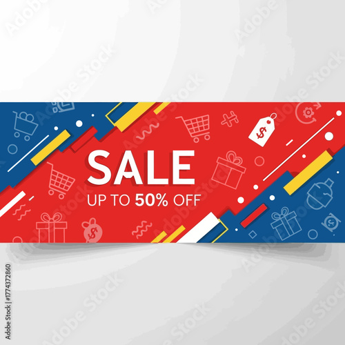 A vibrant red and blue banner advertising a sale with up to 50% off, featuring shopping cart and gift icons.