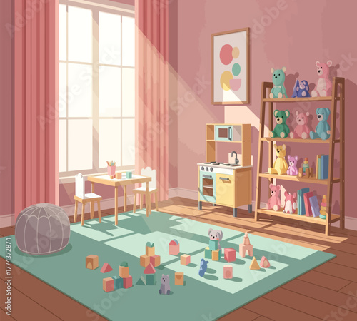 A cheerful playroom filled with toys, a play kitchen, and a cozy pouf, bathed in natural light from a large window, creating a fun and inviting space