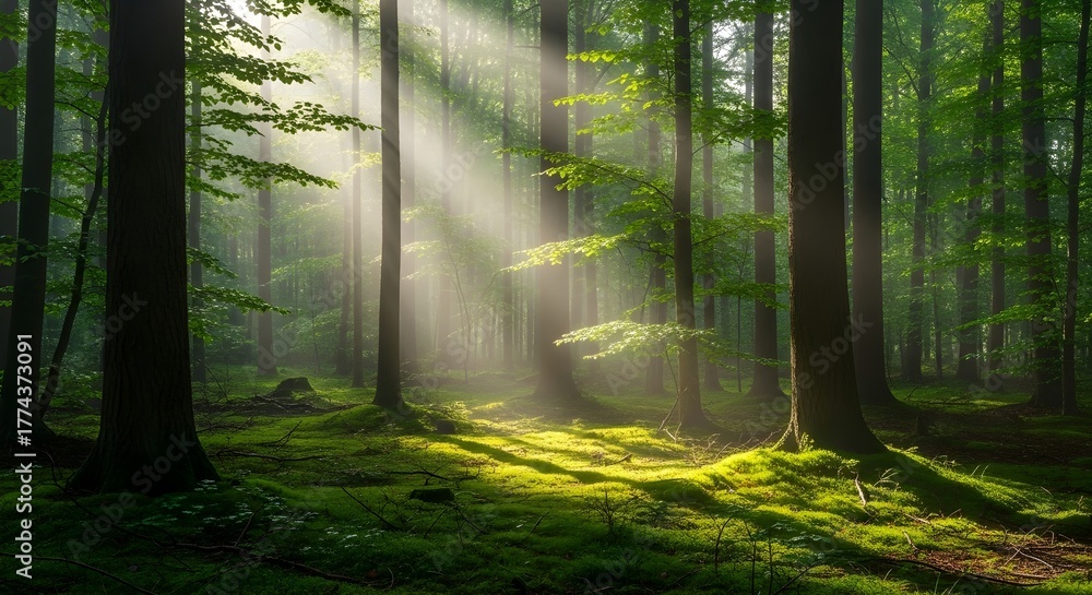 Obraz premium Sunbeams piercing through a lush green forest canopy