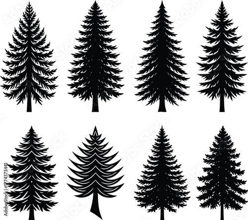 Vector illustration set of green Christmas trees with snow for winter holiday decoration and design