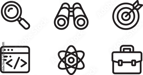 Business and Technology Icons with Magnifying Glass Binoculars and Code search