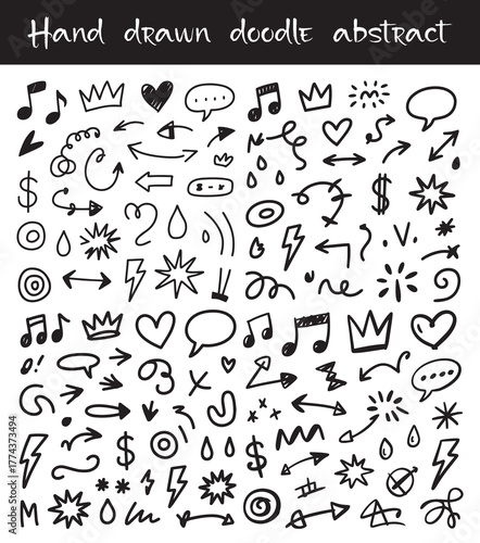 Collection of hand drawn black ink doodle elements and abstract shapes on white background