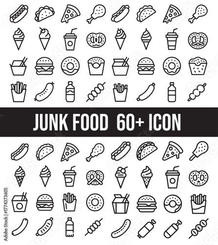 Collection of hand drawn doodle icons representing a variety of popular fast food and junk food items