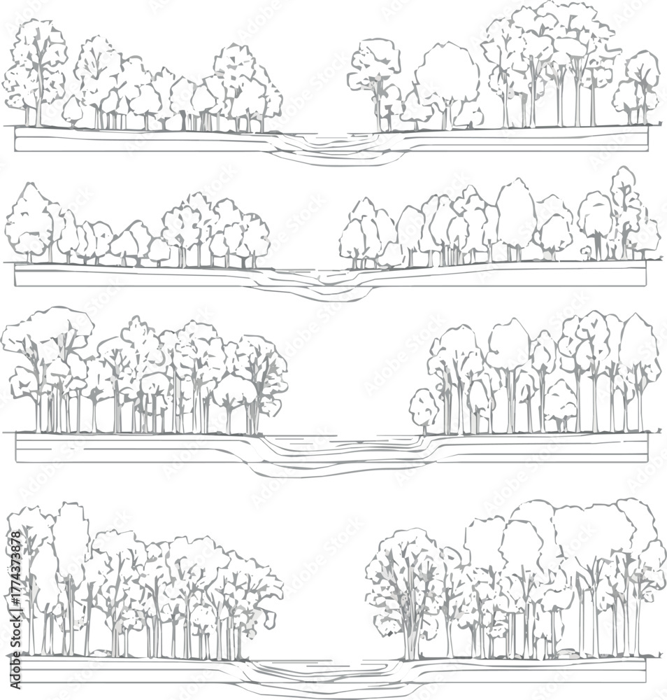 Obraz premium Create Architectural Drawings, Minimal style cad tree line drawing, Side view, set of section wetland forest outline for landscape design drawing. Vector illustration in separate element.