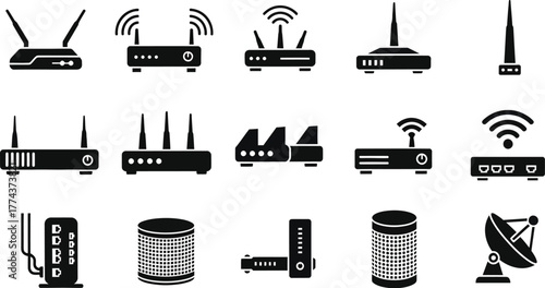 Wireless router, WIFI network and satellite connection. Network switch device, ethernet data transmission, digital communication technology vector illustration icon set. 