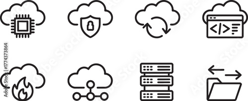 Cloud Computing Icons with CPU, Shield, Sync, and Code processor chip
