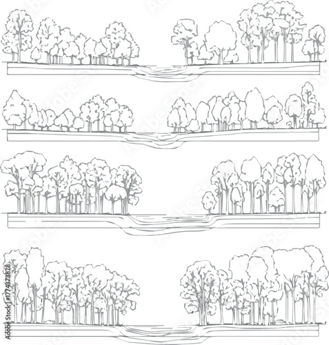 Create Architectural Drawings, Minimal style cad tree line drawing, Side view, set of section wetland forest outline for landscape design drawing. Vector illustration in separate element.