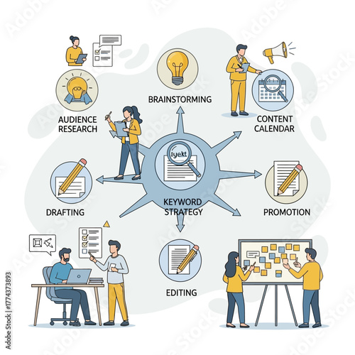 A detailed illustration of the keyword strategy process, encompassing audience research, brainstorming, content calendar planning, drafting, editing, and promotion, with teams collaborating.