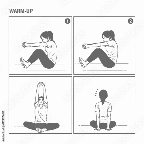 Illustrated guide to various warm-up exercises including seated core movements and stretches for physical activity preparation.