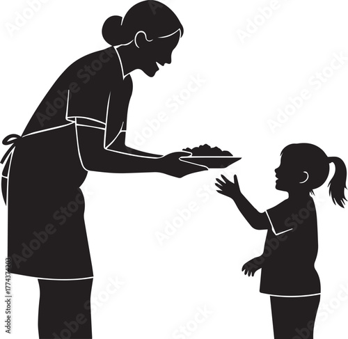 Woman in apron serving food to child celebrating international volunteer day spirit kindness compassion