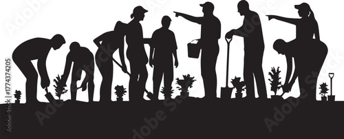 Diverse group of people planting trees and flowers celebrating international volunteer day global unity