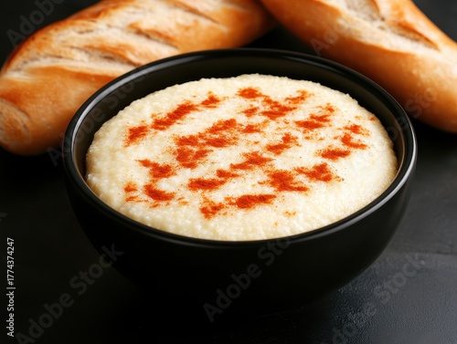 Wallpaper Mural Creamy Polenta with Paprika Served in a Black Bowl and Bread Loaves Torontodigital.ca