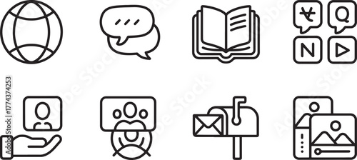 Collection of eight communication and media icons with globe and book symbols Keywords: communication