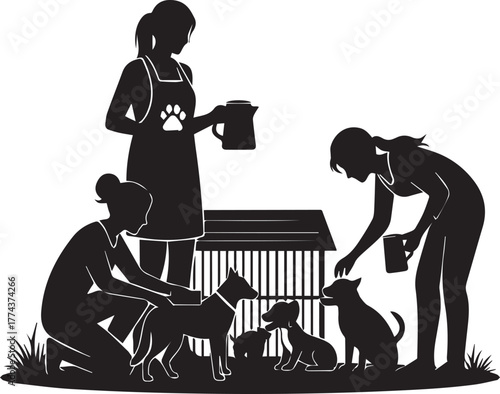 Diverse volunteers caring for dogs and puppies at animal shelter international volunteer day