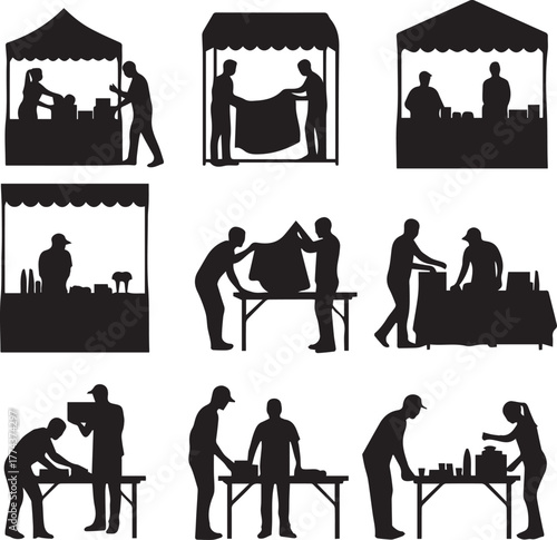 Silhouettes of volunteers working at stalls promoting international volunteer day activities and charity