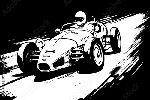 Retro race car with open cockpit and large tires in hand drawn black and white outline illustration artwork