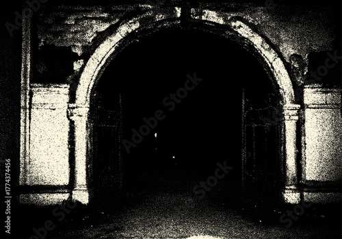 Ancient ruins in sci-fi scene with dotwork retro style. Mysterious gate debris with dramatic lights and retro texture