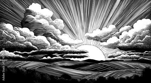 Dramatic sunrise breaking through clouds over rolling hills in vintage woodcut engraving illustration