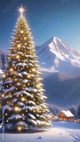 A large, gorgeous Christmas tree and a snowy mountain landscape. Holiday, Christmas, 大きく豪華なクリスマスツリーと山奥の雪景色。ホリディ、クリスマス、