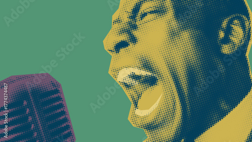Pop art style portrait of a jazz and blues singer passionately performing with microphone
