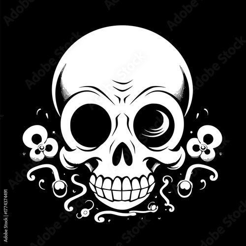 Playful skull face with large round eyes and toothy grin, swirling ornamental accents surrounds the head, black and white graphic