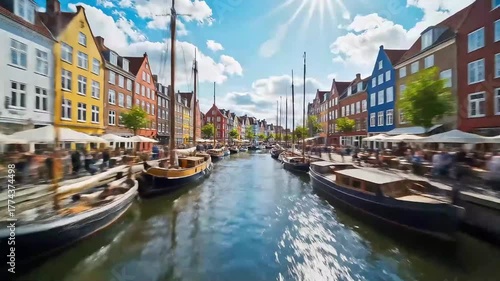 Hyperlapse cycling through Copenhagen Nyhavn colorful townhouses, boats bobbing.