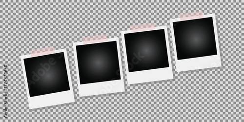 Photo Frame Collection. Polaroid photo frame set.Photo frames with realistic drop shadow vector effect isolated design.Photo frames fixed with adhesive tape on a transparent. Vector design background