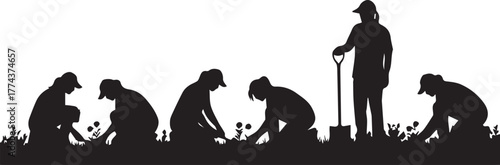 Silhouetted volunteers planting seedlings together symbolizing community growth and international volunteer day