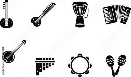 Djembe, accordion, sitar, banjo, pan flute, tambourine, and maracas musical instruments icons vector illustration, silhouette. 
